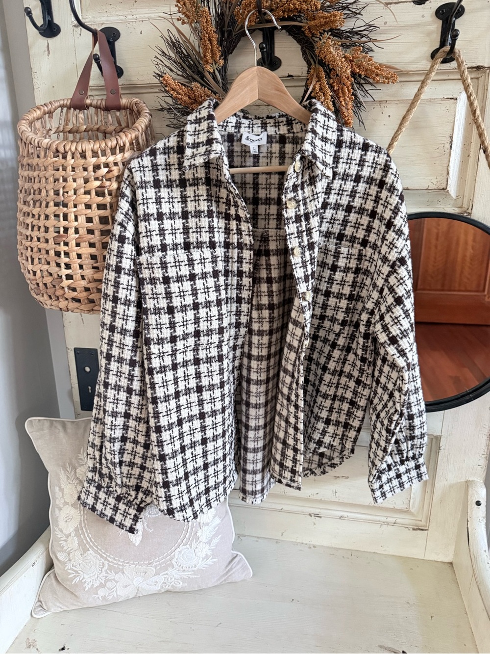 Plaid Button-Down Shacket in Cream & Black - Women's Top
